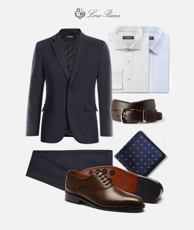 Blue business suit and brown oxfords